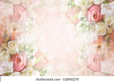 Summer blossoming roses collage, pink wedding bouquet greeting frame, pastel and soft flower card