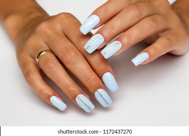 Summer Blue, Heavenly Nails With Crystals On Long Square Nails
