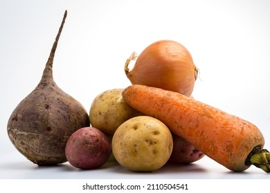 Summer borscht ingredients close up beetroot, cabbage, carrot, potato and onion. Isolated on white background. Package design element. - Powered by Shutterstock