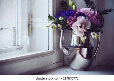 Summer Bouquet Of Purple And Pink Eustomas In An Antique Coffee Pot On The Windowsill, Vintage Style, Holiday Home Floral Decor