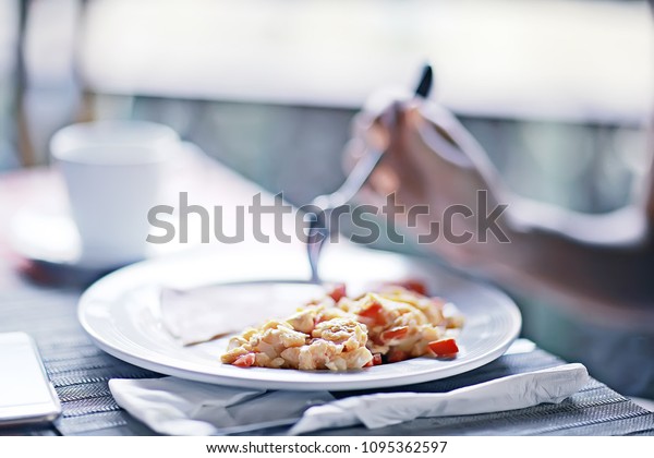 summer breakfast in\
the hotel / table with a meal serving breakfast in the hotel\
restaurant, fresh summer\
food