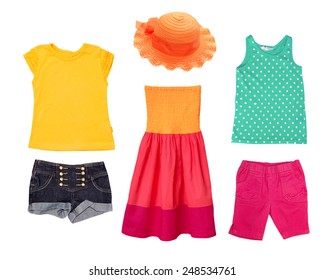 Summer Bright Female Kid Clothes Isolated.Collage Baby Girl Fashion Garment.