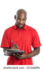 Summer Camp Director Black Man In His 20s Writing On A Clipboard Isolated On A White Background