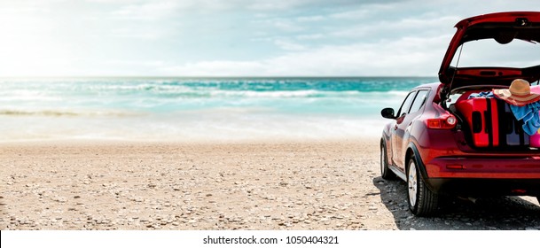 Summer Car On Beach And Free Space For Your Decoration. 