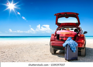 Summer Car On Beach And Sea Landscape 