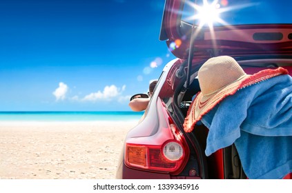 Summer Car On Beach And Sunny Day . Free Space For Your Decoration. 