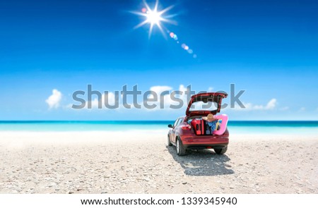 Summer car on beach and sunny day . Free space for your decoration. 