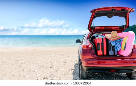 Summer Car With Suitcase And Landscape Of Beach. Free Space For Your Decoration. 