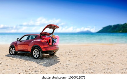 Summer Car With Suitcase And Landscape Of Beach. Free Space For Your Decoration. 