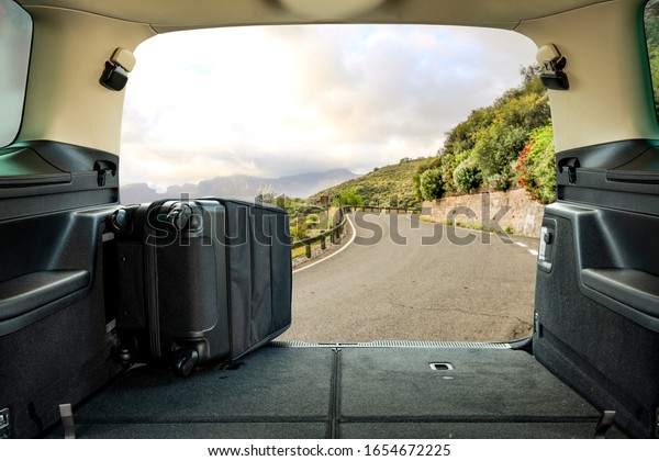 Summer car trip and\
background of road 