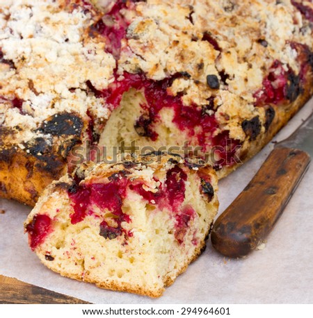 Summer cherry pie with crackling close up