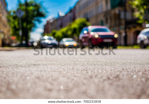 Summer in the city, the cars\
drive down the street with trees. Close up view from the asphalt\
level