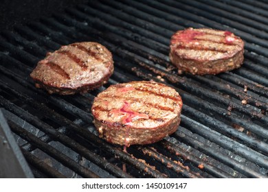 Summer Close Up Beef Hamburger BBQ On A Propane Gas Grill