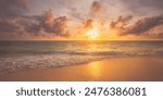 Summer closeup sunset sea sky landscape. Colorful ocean beach sunrise. Beautiful beach reflections calm waves, soft sandy beach. Perfect tropical coast horizon scenic coast view. Mediterranean nature