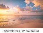 Summer closeup sunset sea sky landscape. Colorful ocean beach sunrise. Beautiful beach reflections calm waves, soft sandy beach. Perfect tropical coast horizon scenic coast view. Mediterranean nature