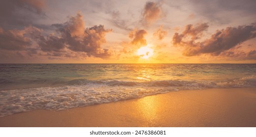 Summer closeup sunset sea sky landscape. Colorful ocean beach sunrise. Beautiful beach reflections calm waves, soft sandy beach. Perfect tropical coast horizon scenic coast view. Mediterranean nature - Powered by Shutterstock