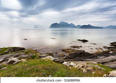 Summer Cloudy Lofoten Islands. Norway Misty Sea And Fjords.