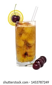 Summer Cocktail Decorated With Sweet Cherry And A Slice Of Lemon. Ice, Bubbles, Glass Straw. Isolated On White Background With Shadows, Cutout