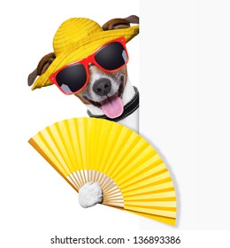 Summer Cocktail Dog Cooling Off With Hand Fan Behind Banner