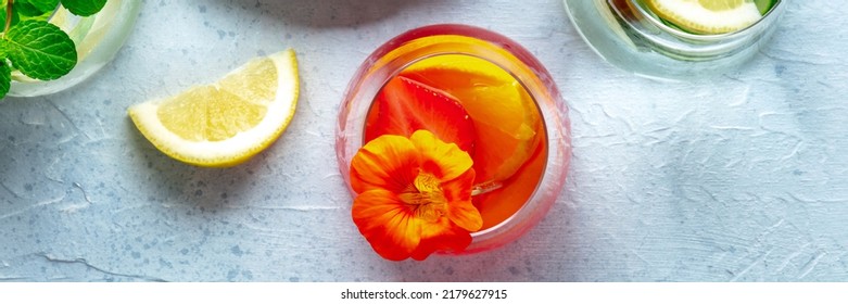 Summer Cocktail With Strawberry And Citrus Fruit, Overhead Flat Lay Shot, A Panorama. Healthy Summer Drink