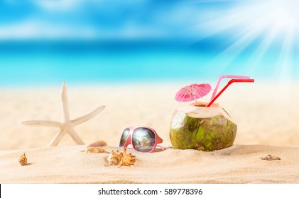 Summer Coconut Cocktail On Tropical Beach Stock Photo (Edit Now) 281267093