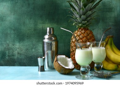 Summer Coconut And Pineapple Cocktail Pina Colada With Ingredients For Making.