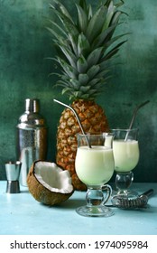 Summer Coconut And Pineapple Cocktail Pina Colada With Ingredients For Making.