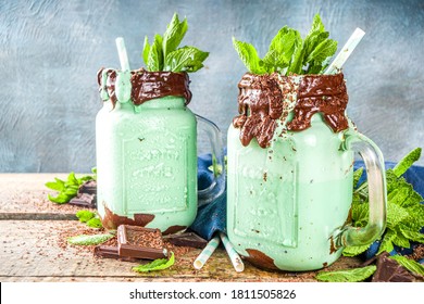 Summer Cold Drink, Mint And Milk Chocolate Milkshake, Crazy Shake With Mint And Chocolate Decoration