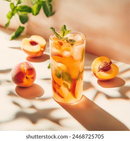 Summer cold peach fizz cocktail or iced tea with mint. Two glasses with peach lemonade on white background. Summer refreshing drink recipe. Homemade fruit tea with ice. Restaurant menu. Copy space
