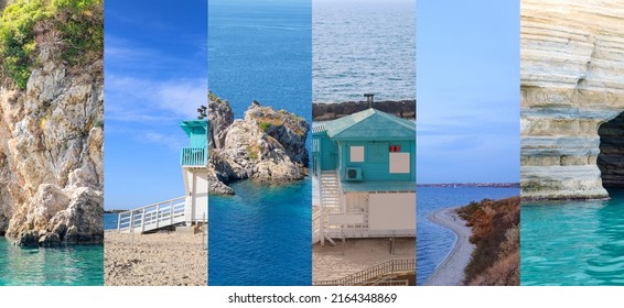 Summer Collage With Beautiful Landscapes Of Sea Resorts And Lifeguard Posts