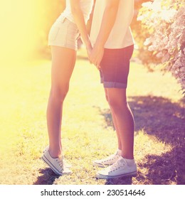 Summer Colorful Sunny Photo Happy Young Couple Teenagers In Love, Guy And Girl Kissing Holding Hands Outdoors, Bright Warm Colors