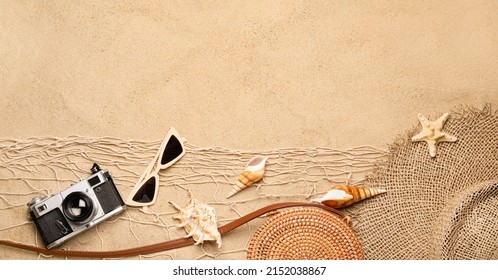 Summer Composition With Beach Accessories On Sand, Top View