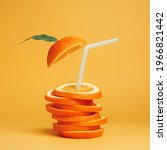 Summer composition with fresh stacked orange slices and straw on vibrant orange background. Creative healthy diet concept. Organic tropical fruit juice.