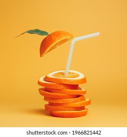 Summer composition with fresh stacked orange slices and straw on vibrant orange background. Creative healthy diet concept. Organic tropical fruit juice. - Shutterstock ID 1966821442