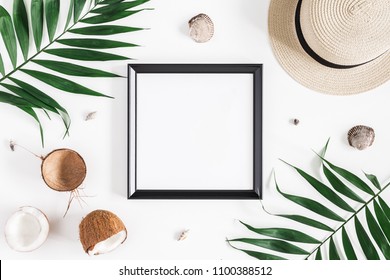 Summer Composition. Tropical Palm Leaves, Hat, Photo Frame, Coconut On White Background. Summer Concept. Flat Lay, Top View, Copy Space