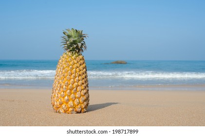 Summer concept with sandy beach and pine apple close up
