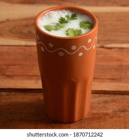 Summer Cooler Buttermilk Drink. Made Of Yogurt. Served In A Traditional Clay Pot, Selective Focus On Top