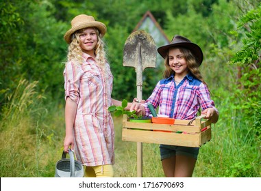 Summer At Countryside. Gardening Basics. Gardening Teaching Life Cycle Process. Gardens Great Place Cultivate Meaningful And Fun Learning Experience For Children. Kids Girls With Tools For Gardening.