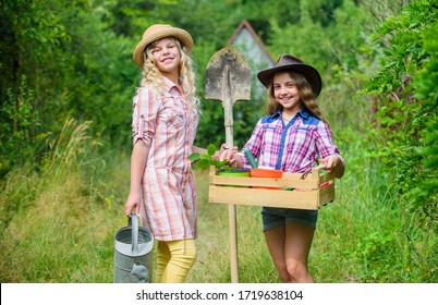 Summer At Countryside. Gardens Great Place Cultivate Meaningful And Fun Learning Experience For Children. Kids Girls With Tools For Gardening. Gardening Basics. Gardening Teaching Life Cycle Process.