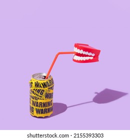 Summer creative layout with fake teeth drinking soda can wrapped in warning packing tape on pastel purple background. 80s or 90s retro fashion aesthetic drink  concept. Minimal summer idea. - Shutterstock ID 2155393303