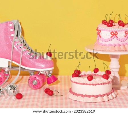 Summer creative layout with pink roller skate with whipped cream and bright red cherry, vintage cakes, disco balls, and cherries on pastel pink plaid and yellow background. 80s or 90s retro aesthetic 