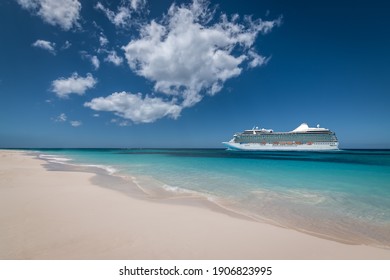 Summer cruise vacation and tourism concept. Side view of cruise ship at the beach.