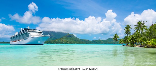 Summer Cruise Vacation Travel. Luxury Cruise Ship Anchored Close To Exotic Tropical Island.
Panoramic Landscape View Of Bora Bora. 