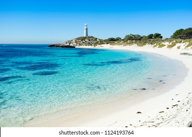 Summer Day At Pinky Beach And The Bathurst Lighthouse On Rottnest Island, Perth, Western Australia, Australia.