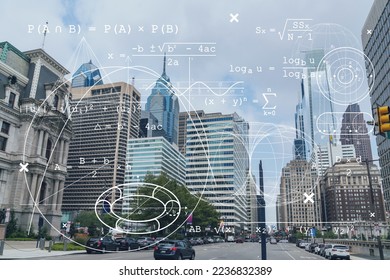 Summer day time cityscape of Philadelphia financial downtown, Pennsylvania, USA. City Hall neighborhood. Technologies and education concept. Academic research, top ranking universities, hologram