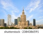 Summer day in Warsaw. View on Palace of Science and Culture and skyscrapers