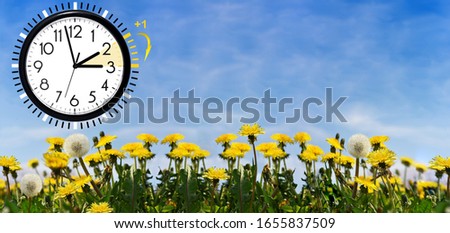 Summer Daylight Saving Time (DST). Blue sky with yellow dandelions. Turn time forward (+1h).