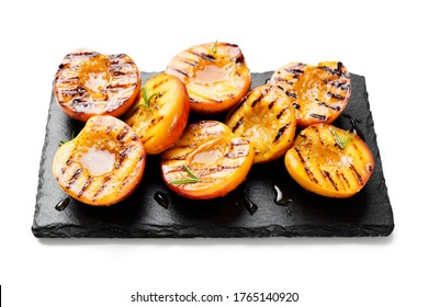 Summer Dessert. Ripe Grilled Peaches With Honey Isolated On White Background