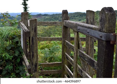 Summer at the Devil's Punch Bowl, an amphitheatre of natural beauty woodland and heath, on the Surrey and Hampshire border near Handheld in the UK - a stile and wooded gate