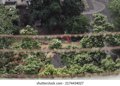 Summer Downpour. Raindrops Fall In An Empty City Yard. Blooming Catalpa Trees. Streams Of Muddy Water Run Down The Road. An Angled View From Above. Blurred Motion, Defocus, Noise, Grain Effect